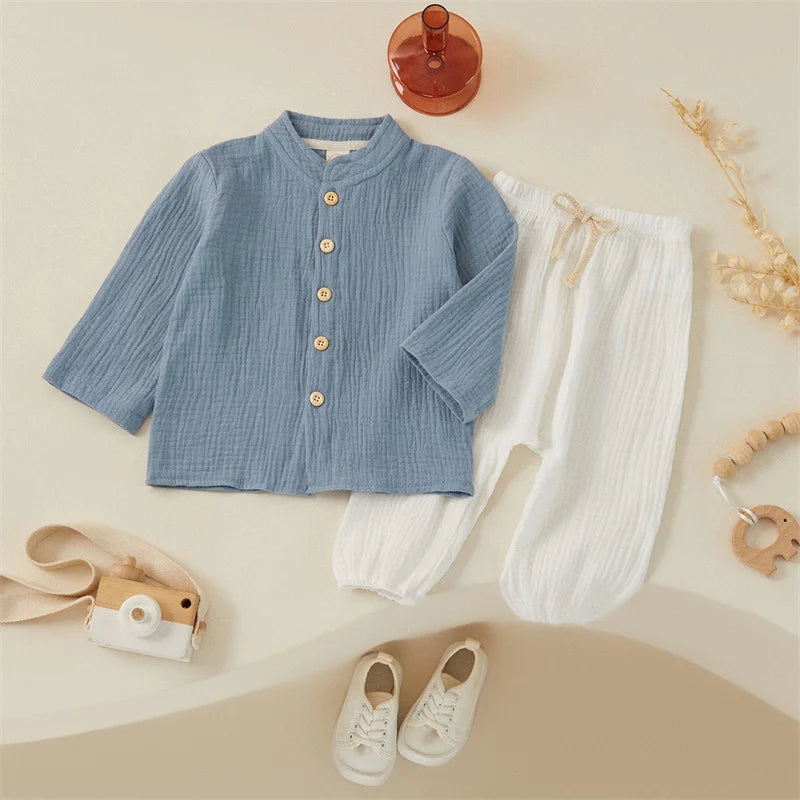 Tregren Kids Boy Cotton Linen Clothes Solid Color Buttons Long Sleeve Shirt Tops Elastic Waist Long Pants 2Pcs Set Fall Outfits