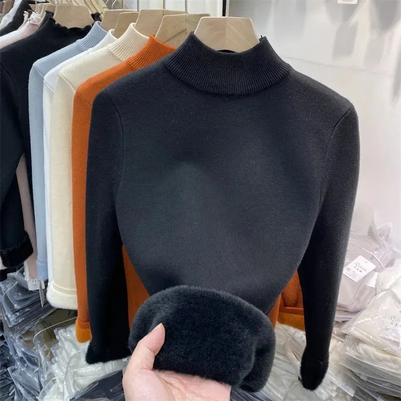 Korean Turtleneck Slim Thicken Knitted Pullovers Woman 2024 Winter Plus Velvet Sweater Casual Fleece Lined Warm Knitwear Tops