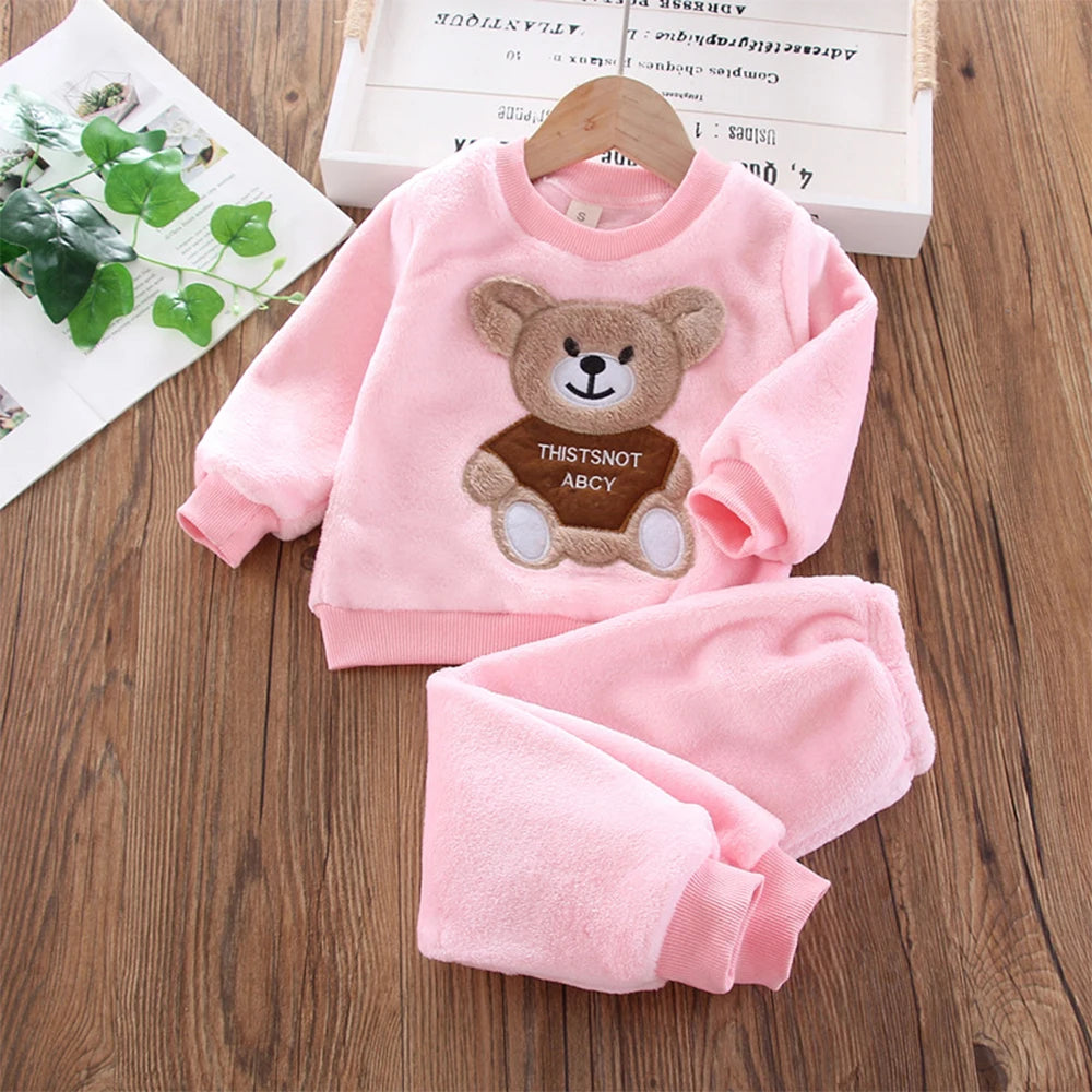 Bear Leader Girls Sets Winter Flannel   Set Long-sleeved Bear Patch Cloth Hoodie Pants Autumn and Winter Warm Boy 2pc Set