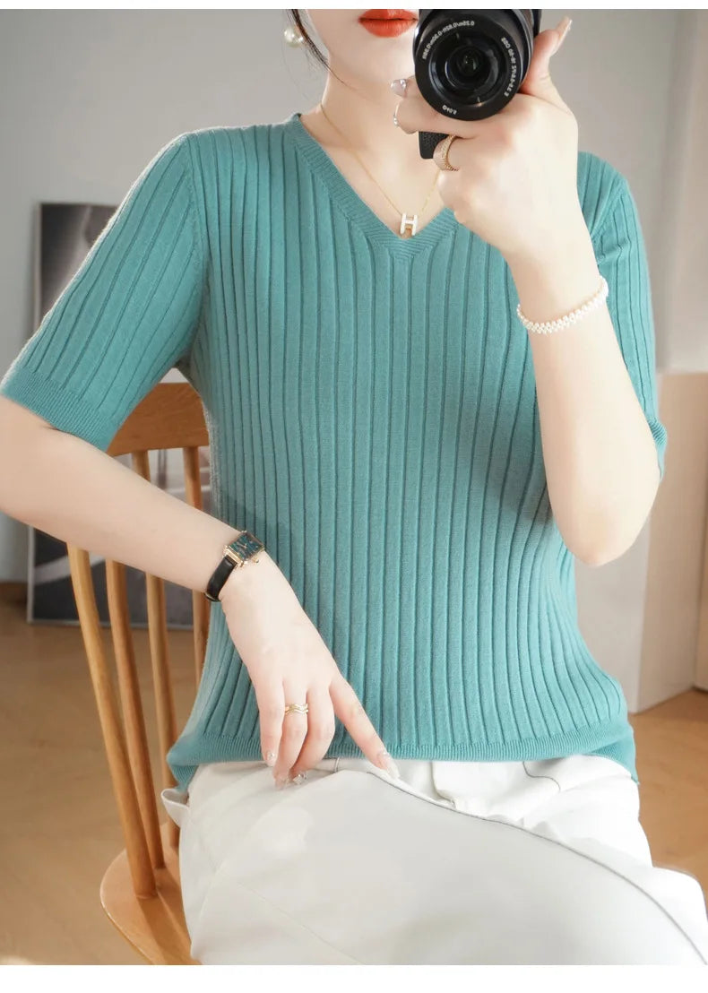 2024 new Women's Clothing Pullovers Sweaters Spring Summer New V-neck Short sleeved Knitted Shirt Base Shirt Solid Color Jumpers