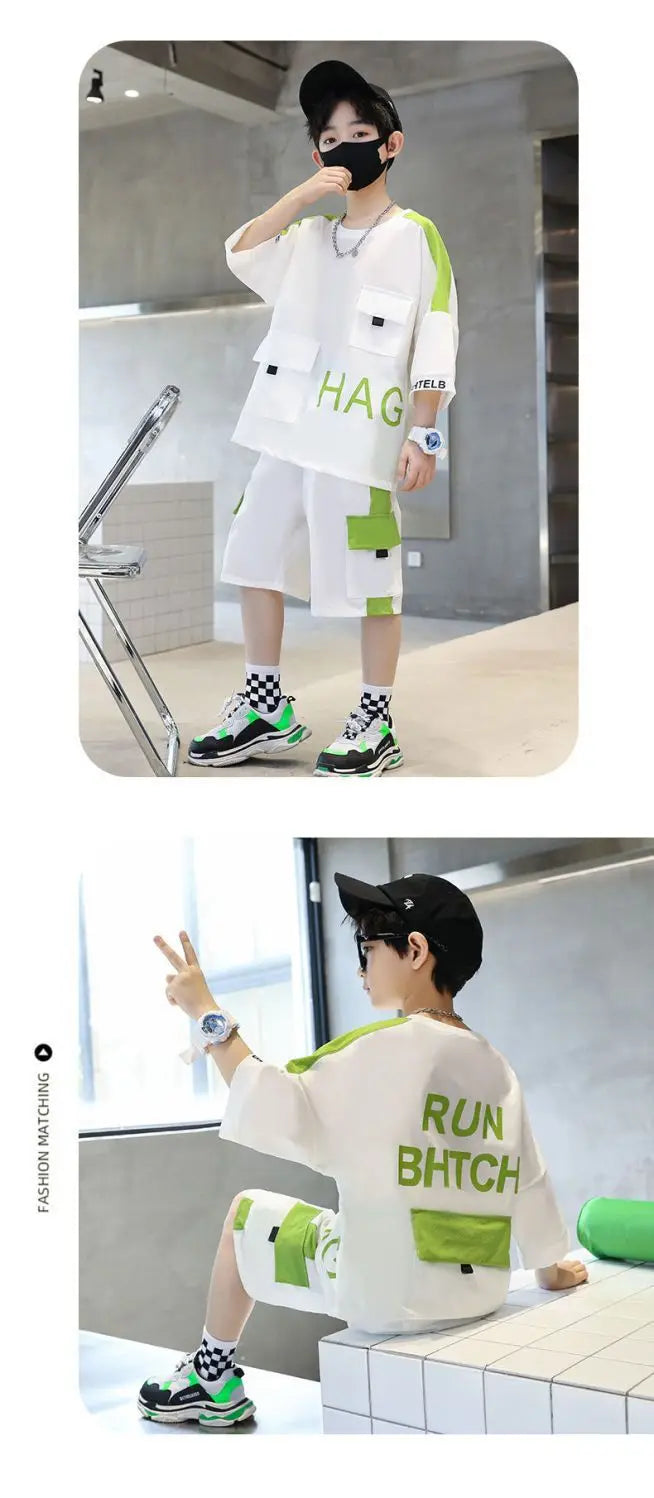 Summer Teenage Boy Short Sleeve Clothes Set Children Letter Print Top and Bottom 2 Pieces Suit Kid T-shirts Shorts Tracksuit