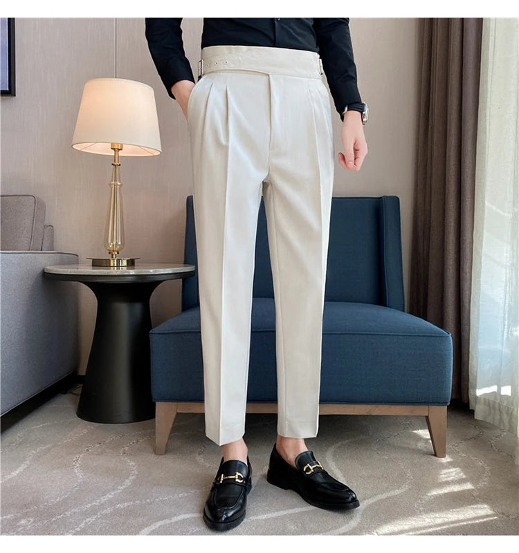 British Style Men High Waist Casual Dress Pant Men Belt Design Slim Trousers Formal Office Social Wedding Party Dress Suit Pants