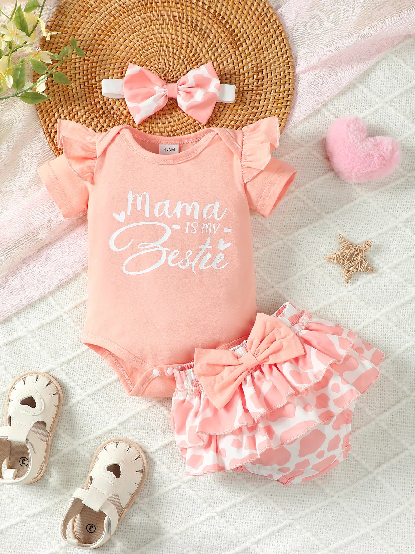 Fashion Summer Newborn Baby Girl Clothes Set Short Sleeve Ruffle Edge Jumpsuit Tops Floral Print Shorts Headband 3Pcs Outfits