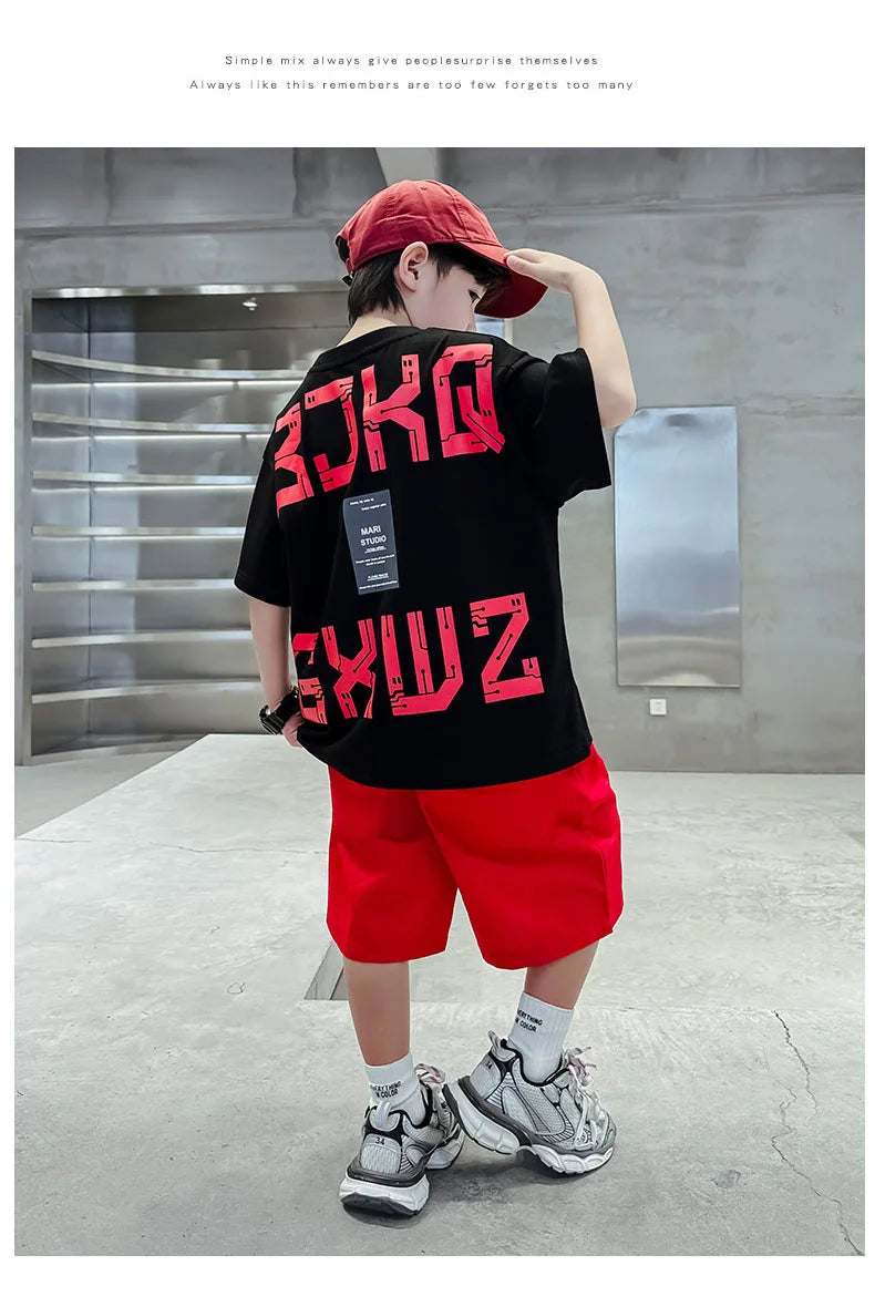 Junior Boy Summer Short-sleeved Suit Loose T-shirt + Shorts Sports Two-piece Suit Trendy Loungewear Outfit Children's Set