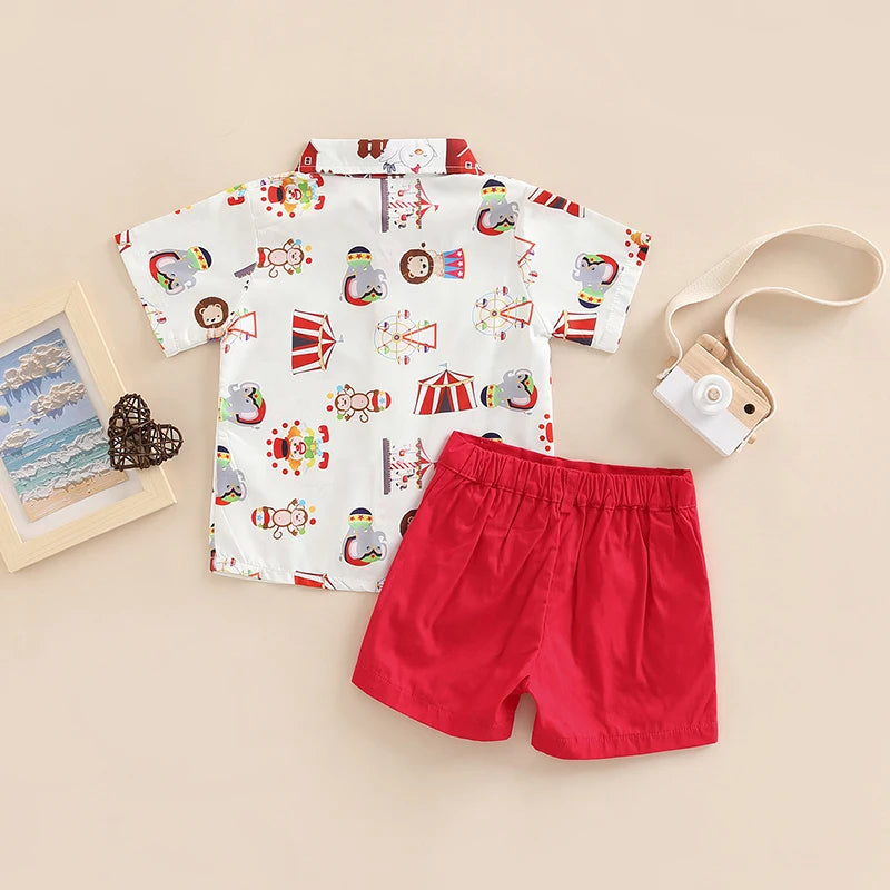 Toddler Kids Boys 2 Pieces Outfits Farm/Circus Cartoon Animal Print Short Sleeve Shirts with Bow Tie + Solid Color Shorts Set