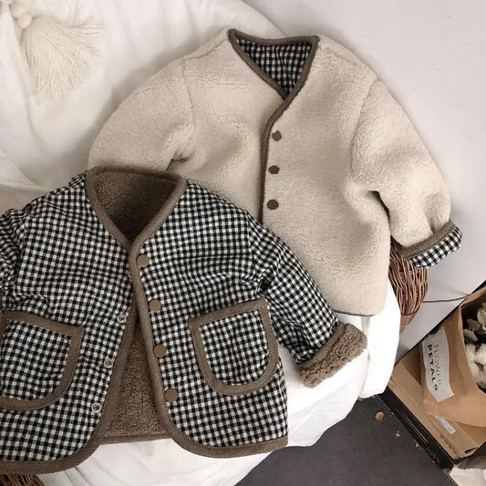 Children's Plaid Plush Coat Autumn and Winter New Warm Coat Children on Both Sides Wear Coat Boy's and Girls' Clothing