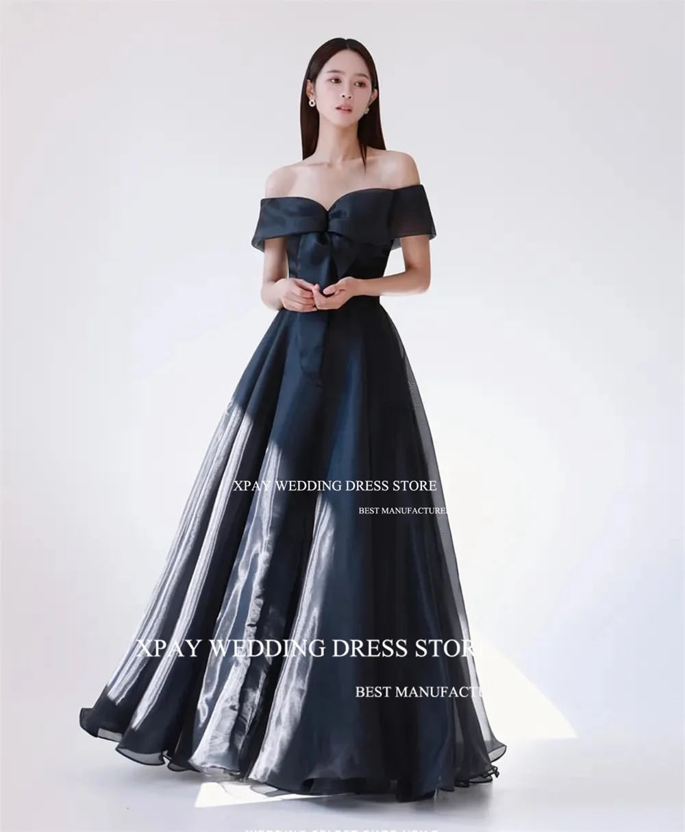 XPAY Off Shoulder Black Organza Korea Evening Dresses Shiny  Short Sleeve Draped Wedding Photo Shoot Open Back Corset Bride Gown