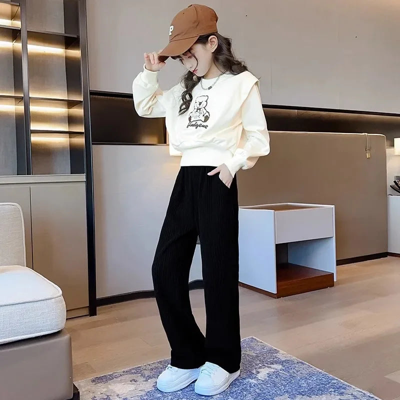 2024 new spring Teens Clothes Children Set bear Print batwing Crop Top sweatshirt t shirt + straight Pant Suit tracksuit 12 year