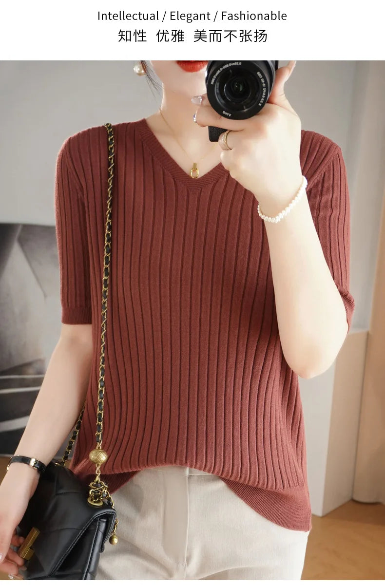 2024 new Women's Clothing Pullovers Sweaters Spring Summer New V-neck Short sleeved Knitted Shirt Base Shirt Solid Color Jumpers