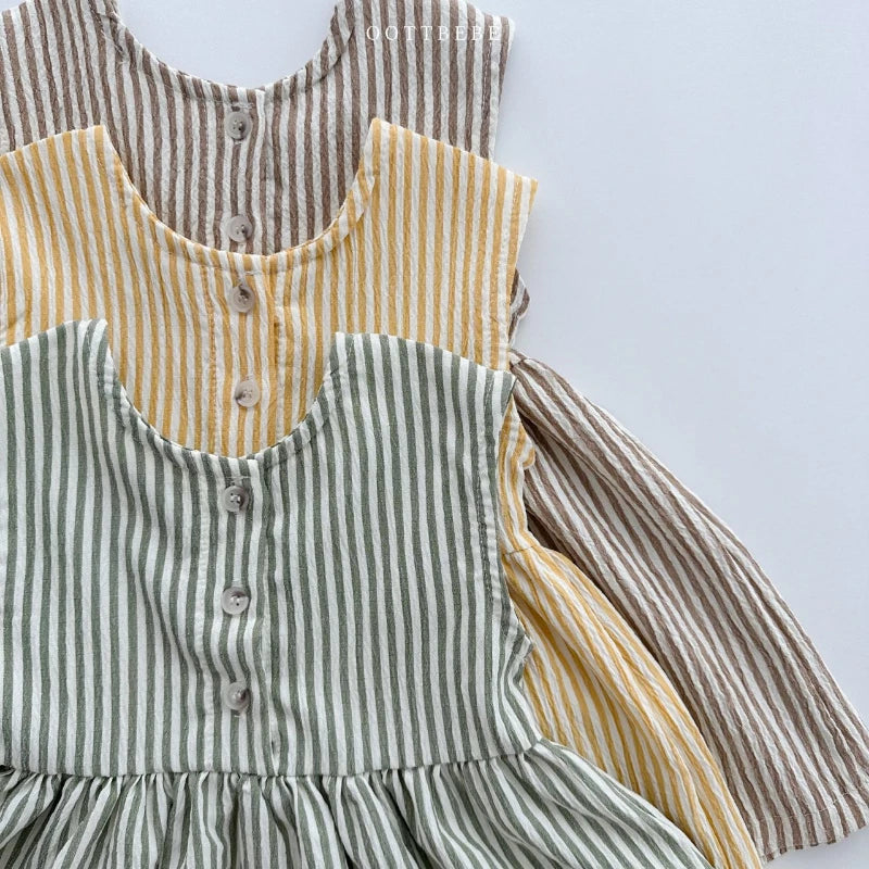 ARWEN & AJH GROUP Summer Girls Cartoon Bear Striped Vest Dress 2024 New Korean Cotton Casual Loose Sleeveless Children's A-Line Dresses