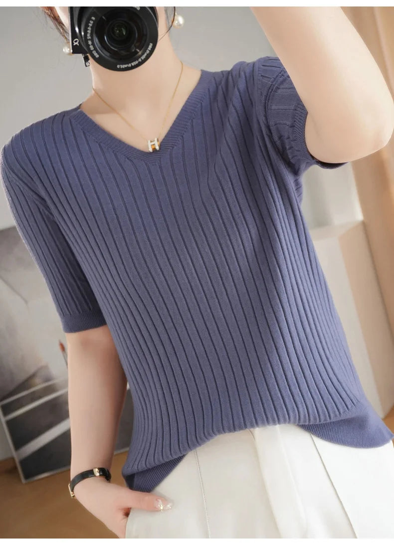 2024 new Women's Clothing Pullovers Sweaters Spring Summer New V-neck Short sleeved Knitted Shirt Base Shirt Solid Color Jumpers