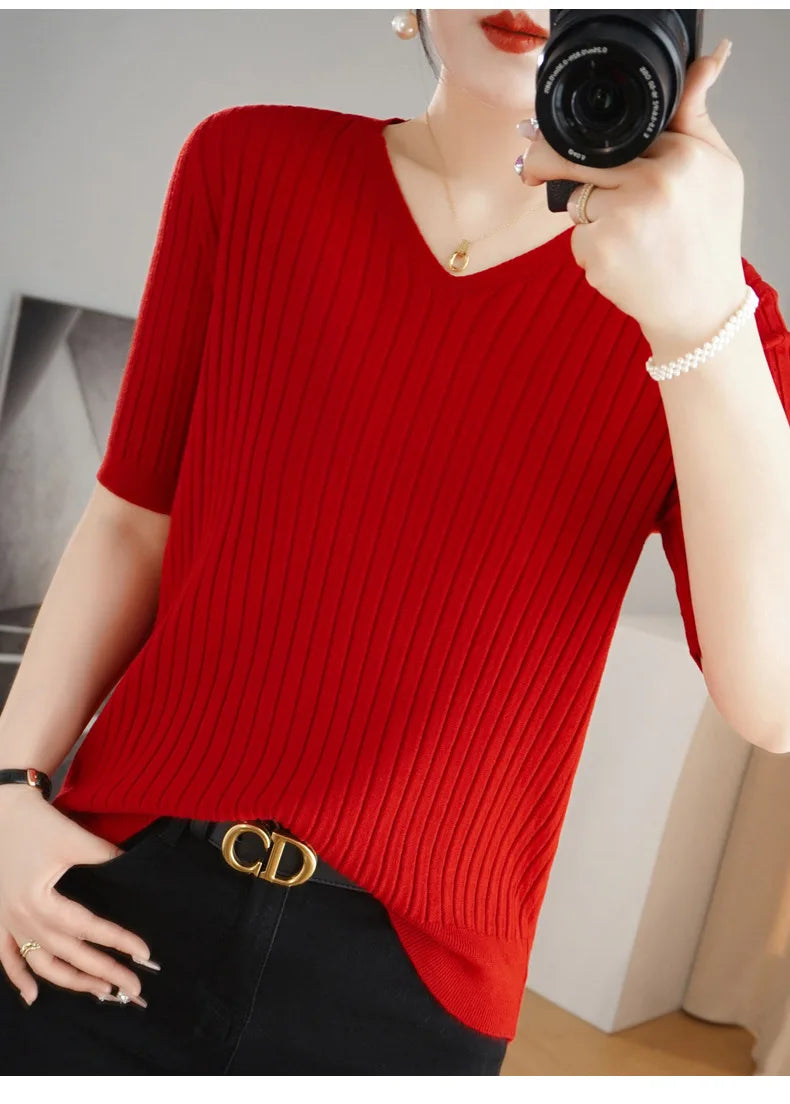 2024 new Women's Clothing Pullovers Sweaters Spring Summer New V-neck Short sleeved Knitted Shirt Base Shirt Solid Color Jumpers