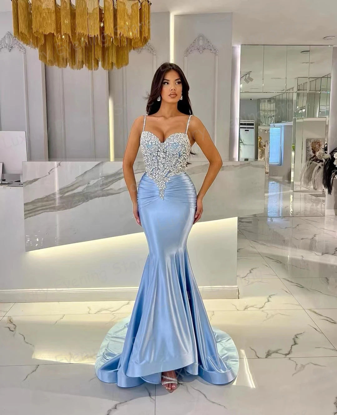 مجموعة أروين Classic Elegant Mermaid Evening Dresses 2024 Woman's Sexy Sleeveless Appliques Prom Gowns Court Train Satin Party فساتين طويلة