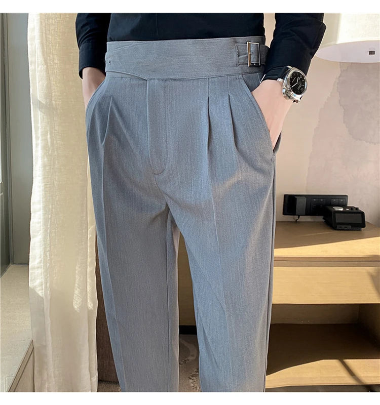 British Style Men High Waist Casual Dress Pant Men Belt Design Slim Trousers Formal Office Social Wedding Party Dress Suit Pants