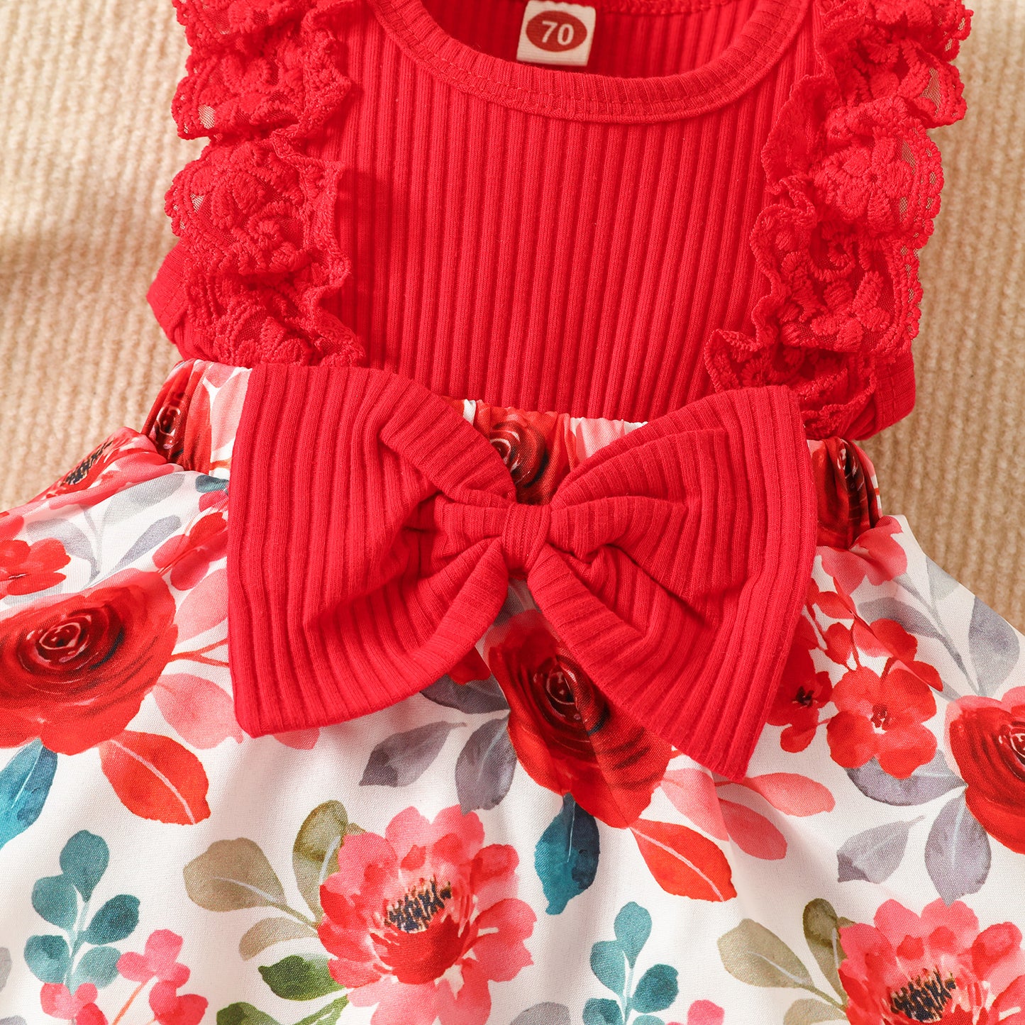 2pcs Infant Baby Girls Romper Dress Patchwork Flower Print Lace Sleeveless/Long Sleeve Crew Neck Front Bowknot Jumpsuit Headband