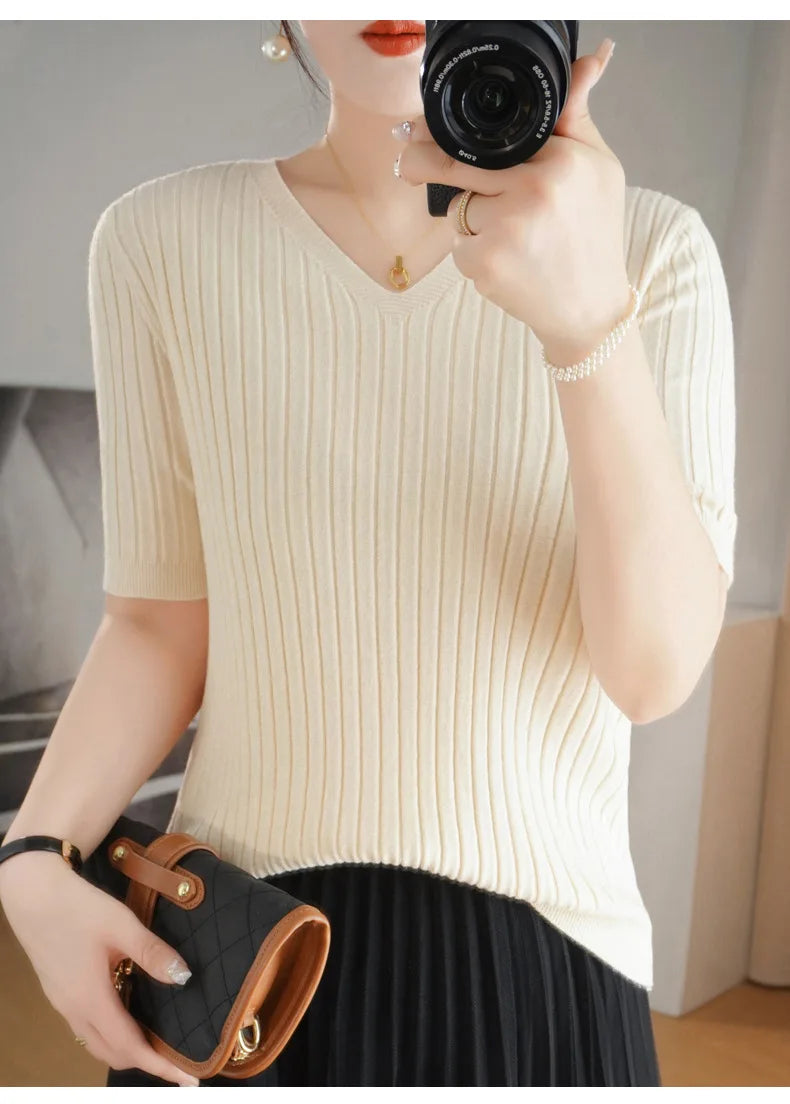 2024 new Women's Clothing Pullovers Sweaters Spring Summer New V-neck Short sleeved Knitted Shirt Base Shirt Solid Color Jumpers