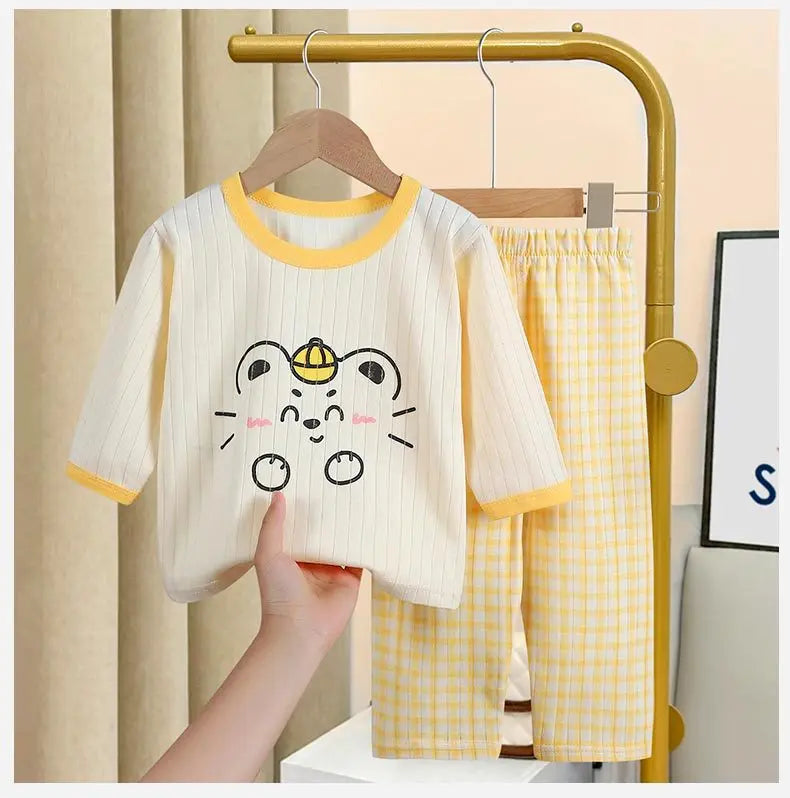 2023 Summer Long-sleeved Trousers Home Wear Suit New All Cotton Underwear Sets Babies Boys Cartoon Thin Sleepwear Pajamas Pants