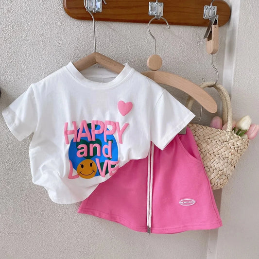 Girls Short-sleeved T-shirt Set 2023 Summer New Casual Letter Printed T-shirt Shorts Two-piece Children's Baby Clothes Set