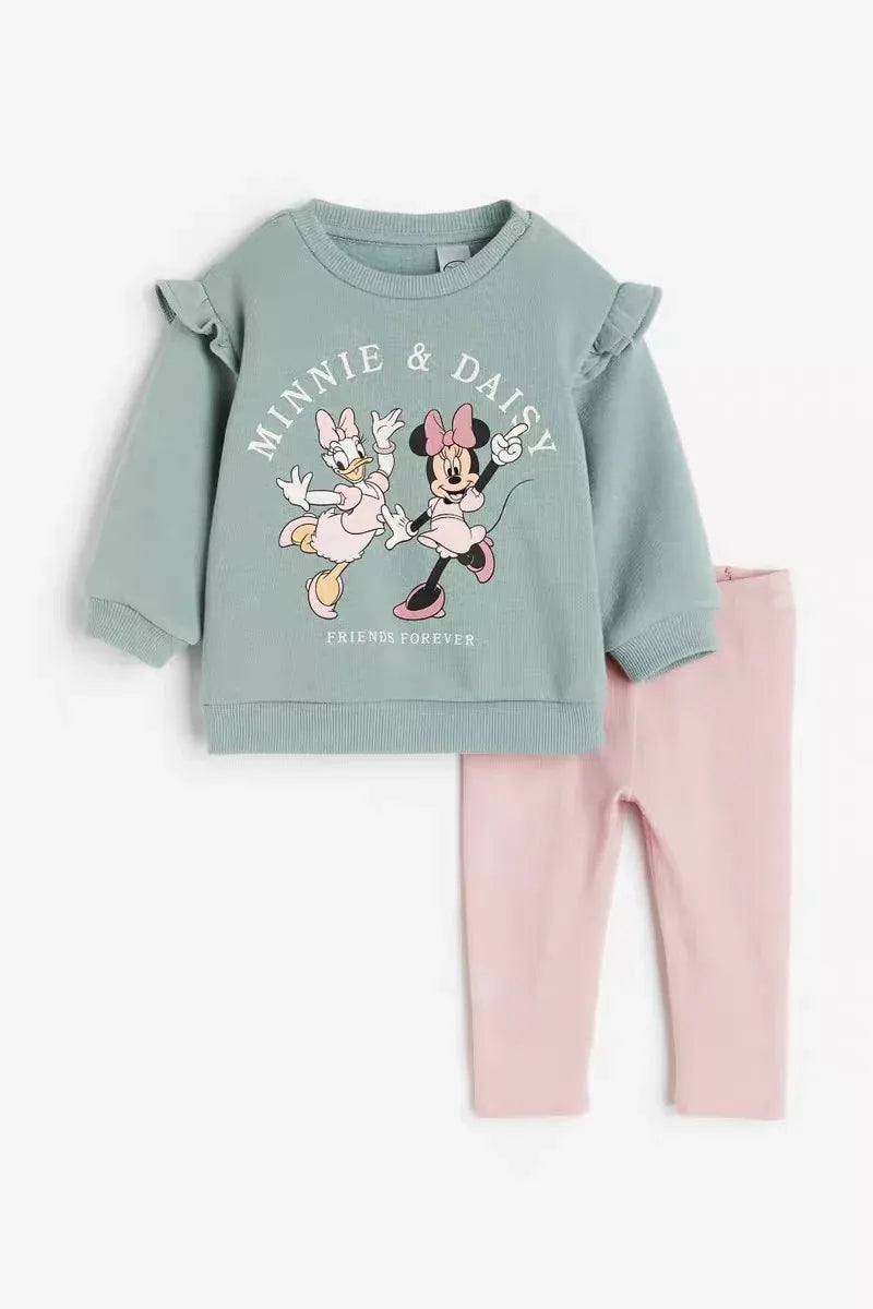 Autumn Disney New Girls Home Clothes 2-7Age Cartoon Sweatshirt +Trousers 2 Piece Set Outer Wear Trendy Casual Long Sleeve Suit