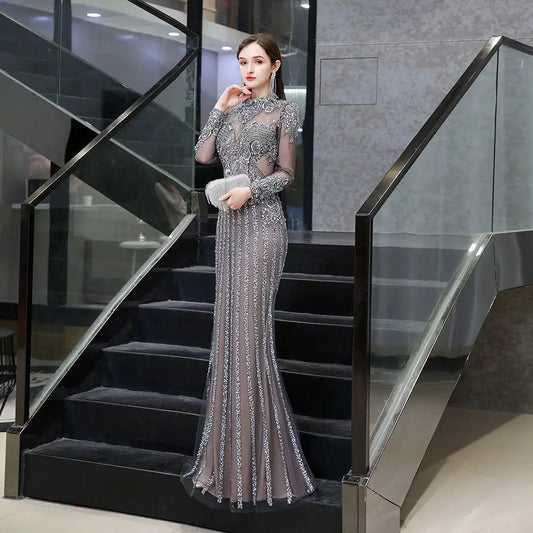 أروين AJH ARWEN  Gorgeous Long Sleeve Prom Dress Luxury Mermaid Evening Dress Gray High Neck Ilusion Appliques Beading Rhinestones Formal Gown