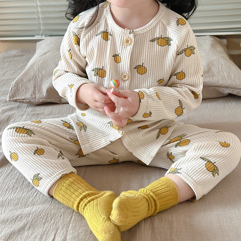 Baby Pajamas Set Loungewear Sleepwear for Kids Long Sleeve Boy Girl Breathable Cotton Waffer Top and Bottom Children's Clothes