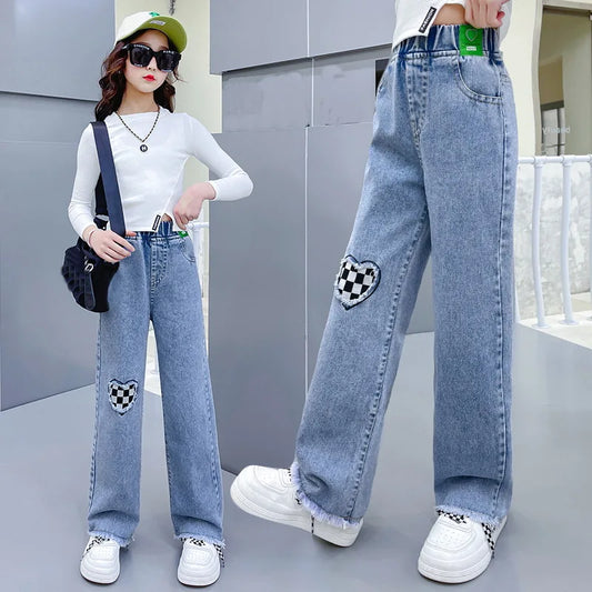 2024 Casual Style Jeans For Girl Teenage Clothes Elastic High Waist Denim Wide Leg Pants Spring Big Kids Straight Trousers 5-14Y