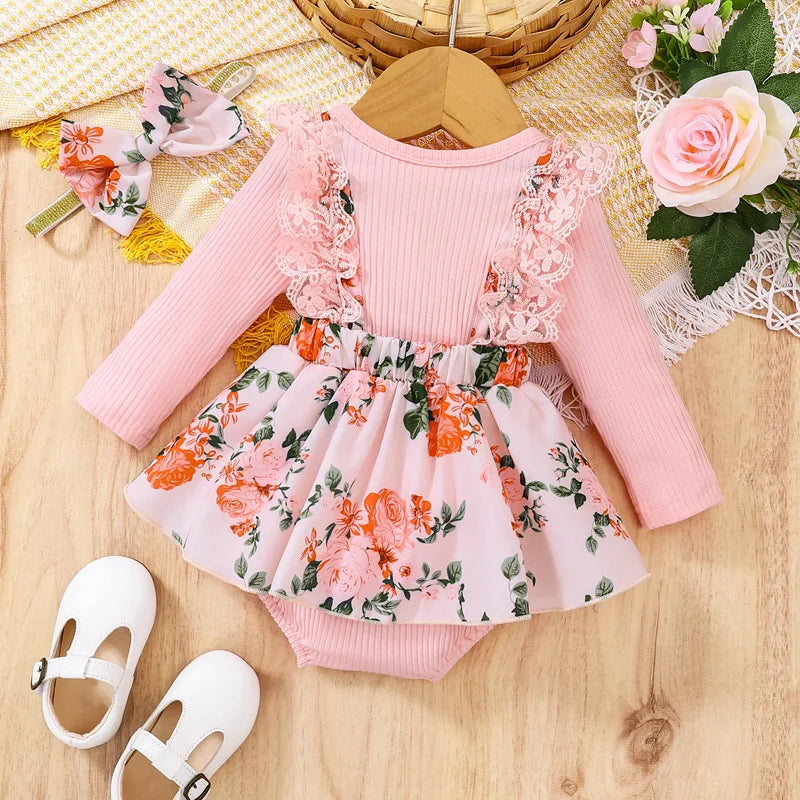 2pcs Infant Baby Girls Romper Dress Patchwork Flower Print Lace Sleeveless/Long Sleeve Crew Neck Front Bowknot Jumpsuit Headband