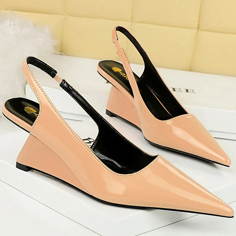 ARWEN AJH 2024 Women 6.5cm High Heels Pumps Lady Pointed Toe Wedges Strange Middle Low Heels White Nude Pink Mules Patent Leather Shoes