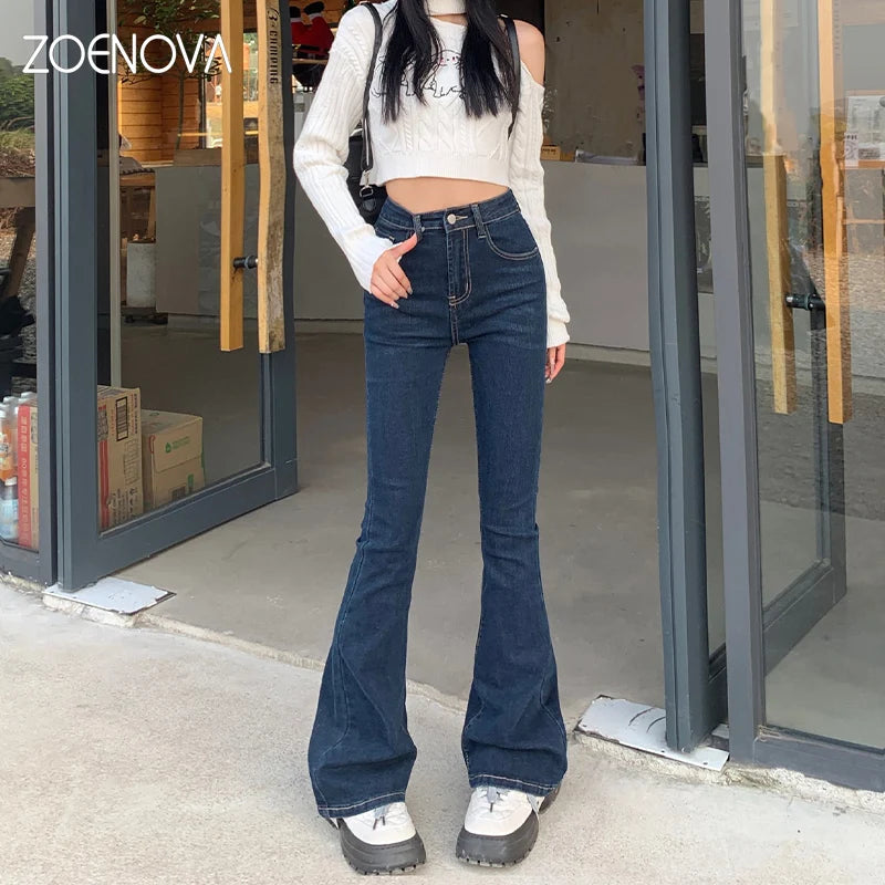 ARWEN & AJH GROUP  2024 Korean Spring Fashion New Micro Flare Pants Women's Retro Casual High Waist Stretch Trousers Street Versatile Jeans