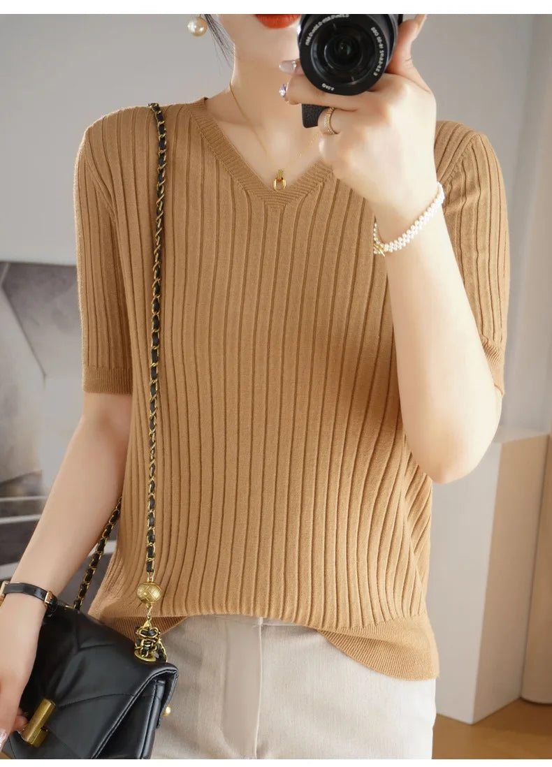 2024 new Women's Clothing Pullovers Sweaters Spring Summer New V-neck Short sleeved Knitted Shirt Base Shirt Solid Color Jumpers