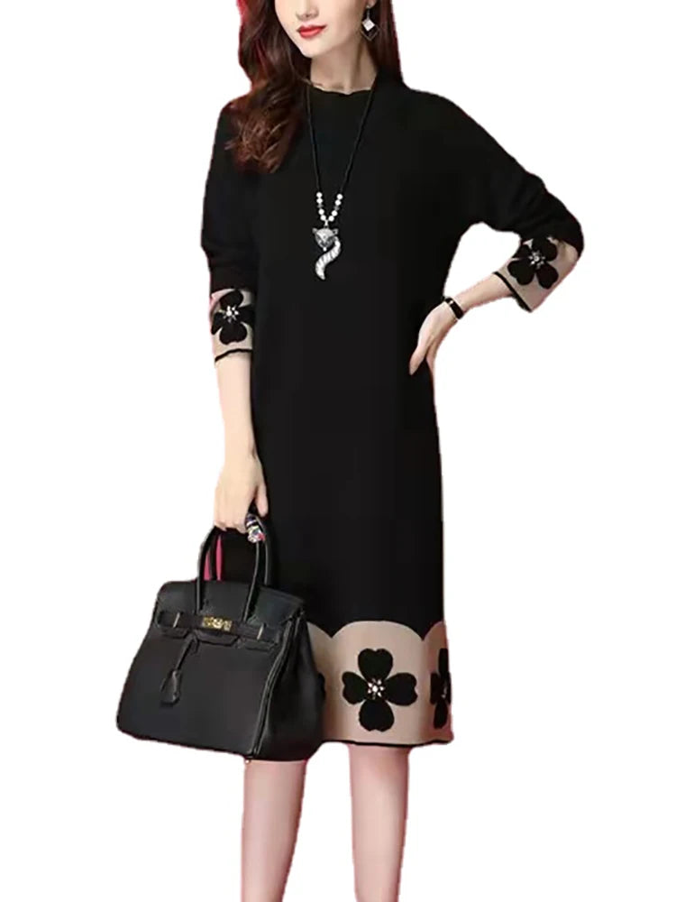 Female Black Knitted Cotton Floral Midi Sweater Dress Autumn Winter Long Sleeve Thick Warm Dress 2024 Korean Vintage Party Dress