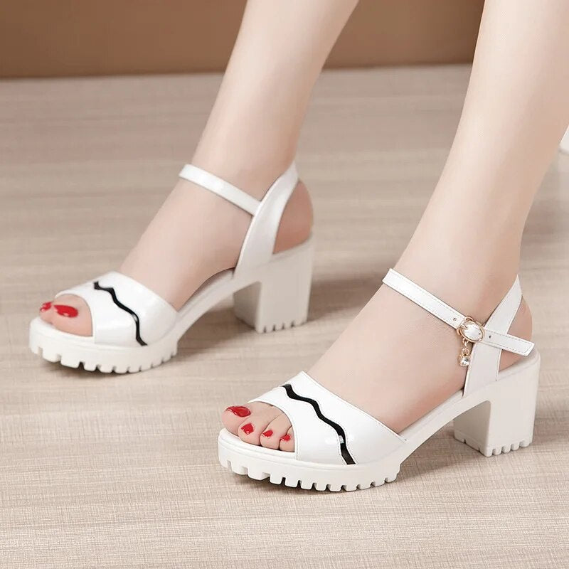 Elegant Patent Leather Shoes 2023 Summer Women's High Heels Sandals Platform Sandals For Office Mother Large size