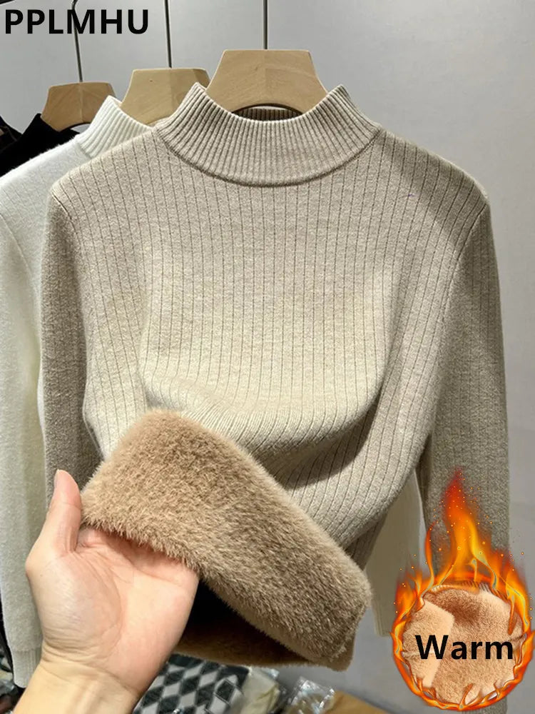 Winter Warm Sweater Pullover Women Slim Thicken Plush Velvet Lined Knitwear Jumper Korean Half Turtleneck  Soft Knit Tops