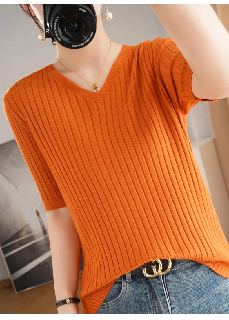 2024 new Women's Clothing Pullovers Sweaters Spring Summer New V-neck Short sleeved Knitted Shirt Base Shirt Solid Color Jumpers