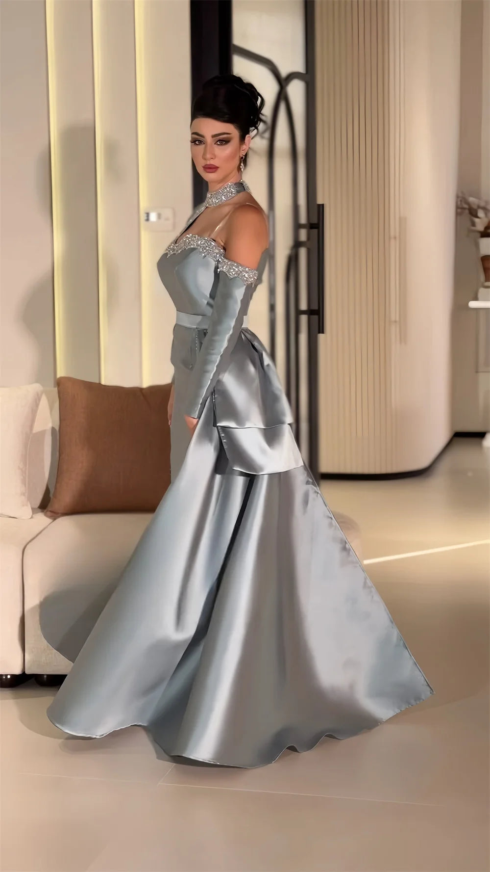 Formal Gown Evening Saudi Arabia Dearin High Collar Column Floor Length Skirts Hugging Bead Bespoke Occasion Dresses Prom Dress