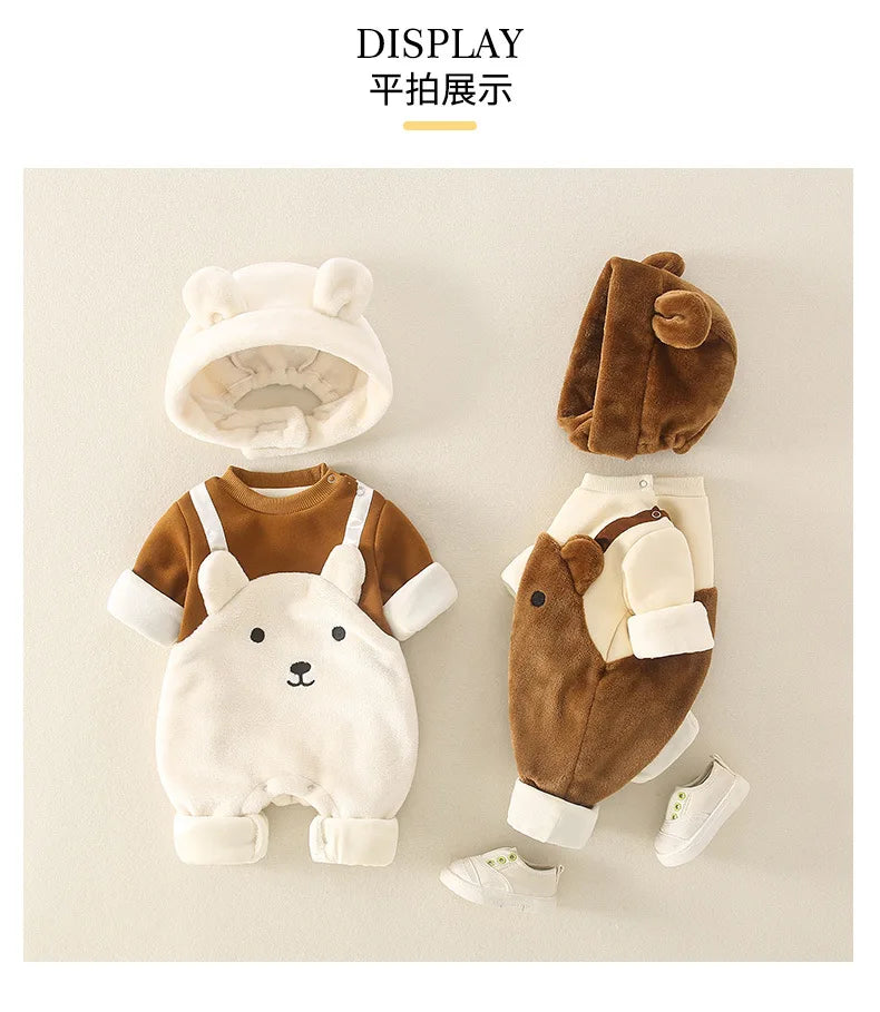 Winter Newborn Baby Clothes Plush Warm Strap jumpsuits Cute Bear Baby Girls Boys Romper Korean Style Long-sleeved Toddler Sets