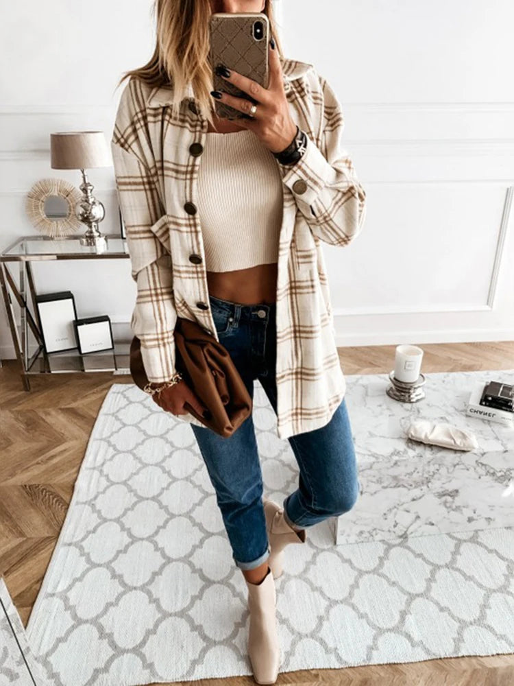 ARWEN & AJH GROUP Autumn Spring   Plaid Shirt Women Casual White Long Sleeve Pocket Collared Shirts Top Clothes Fashion New 2023 Fall