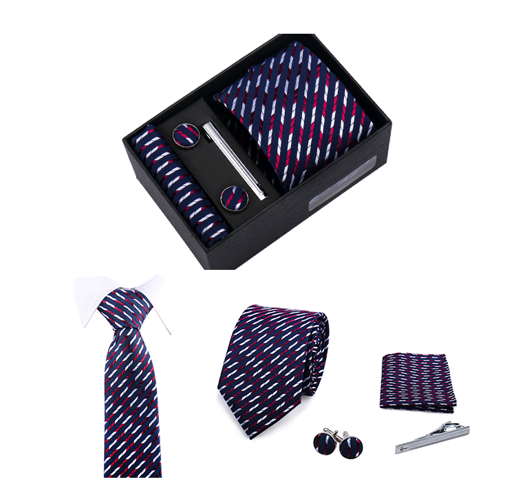 Fashion Elegant Men's Necktie Gift Box Striped Tie Handchief Cufflink Tie Clip 4 pcs Set Wedding Business Party Suit Accessories