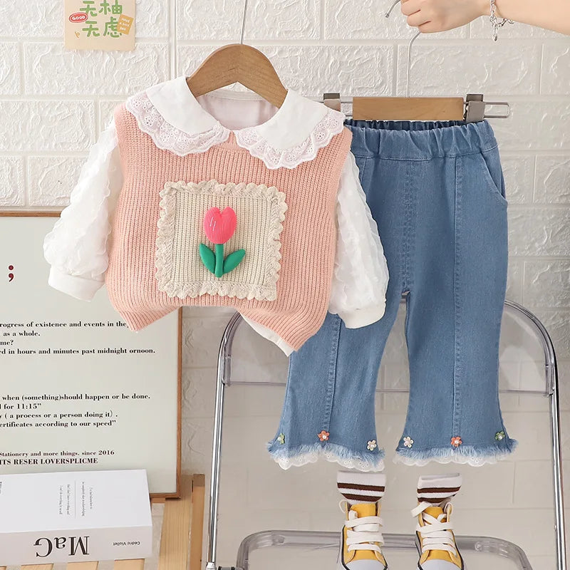 2024 Spring Autumn Toddler Girls 3PCS Clothes Set Cotton Lace Bubble Sleeve Shirts Knitted Flower Vest Flared Jeans Suit