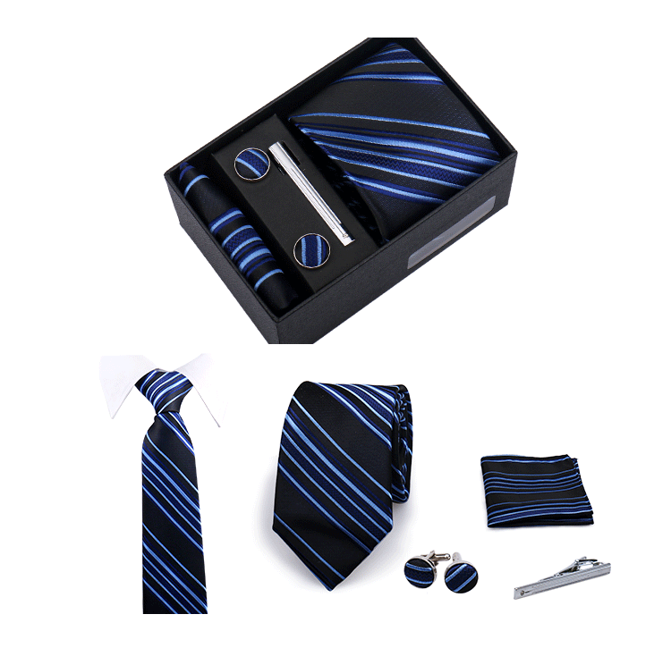 Fashion Elegant Men's Necktie Gift Box Striped Tie Handchief Cufflink Tie Clip 4 pcs Set Wedding Business Party Suit Accessories