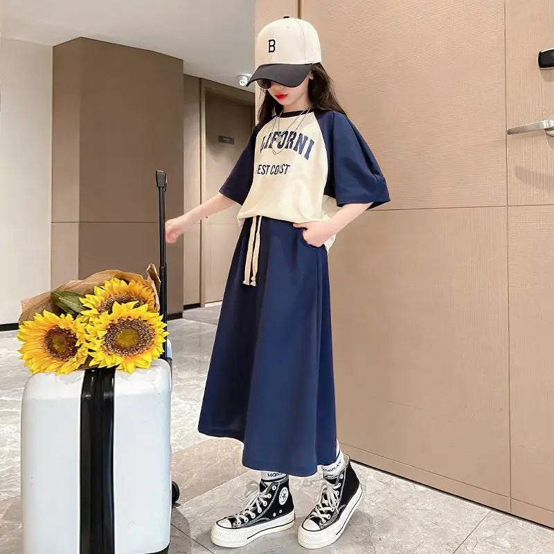 Summer Teenage Girls Clothes Set Children Letter Tshirts and Skirts Suit Kid Short Sleeve Top Bottom 2 Pieces Outfits Streetwear