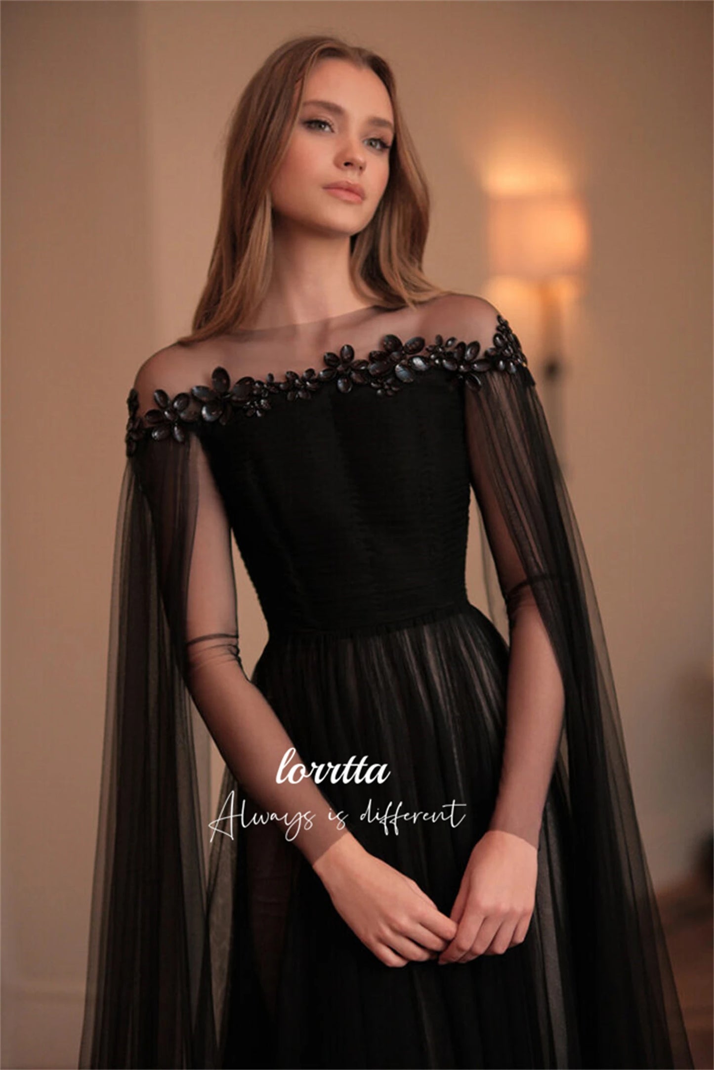 Lorrtta Three-dimensional Shiny Decoration Black Evening Dress Line A Elegant Party Dresses for Wedding Night Prom Cocktail Gala