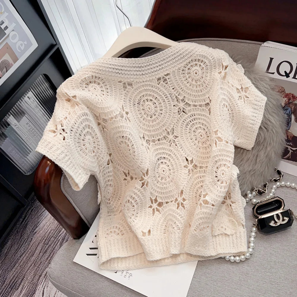 Crochet Sweater Pullover For Women 2024 Summer Stereo Flower Hollow Knit Tops Knitwear Elegant Stylish Vintage Ladies Jumpers