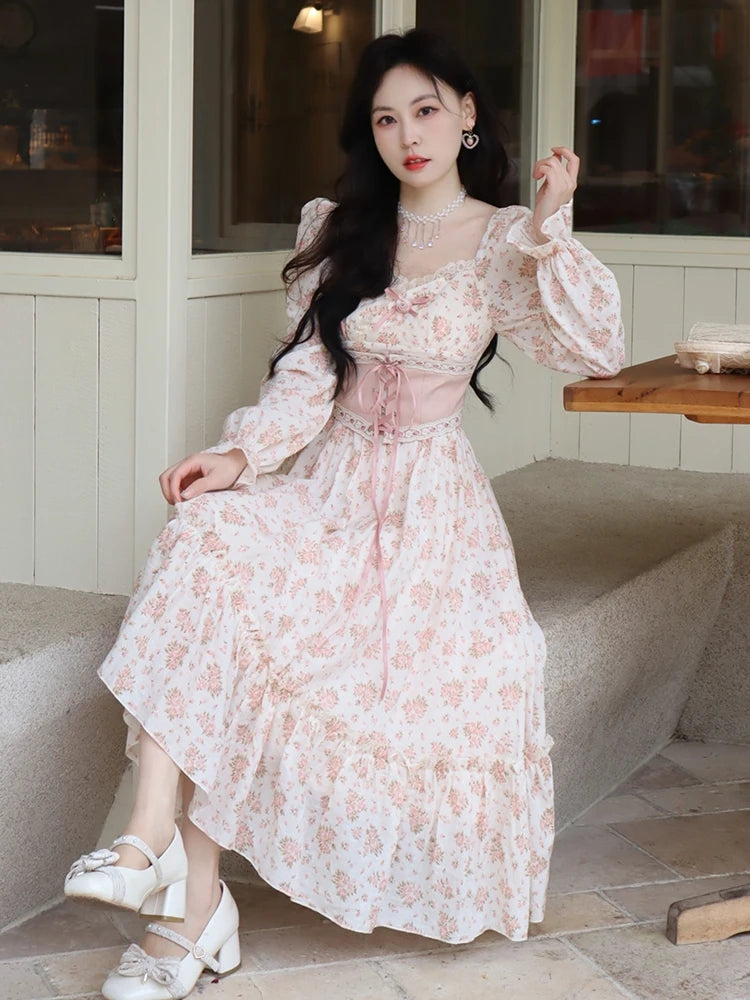 ARWEN & AJH GROUP 2024 Spring Pink Floral Elegant Dress Women Bandage Lace Print Sweet Vintage Dress Puff Sleeve Dress Women Princess Fairy