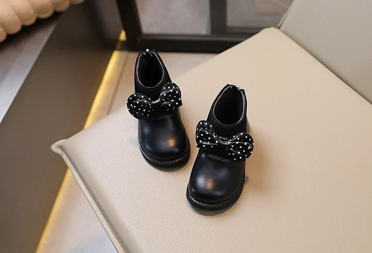 Children's Cotton Boots Winter New Kids Shoes Bow Girls Soft Bottom PU Leather Boots Baby Side Zipper Design Boots Toddler Shoes