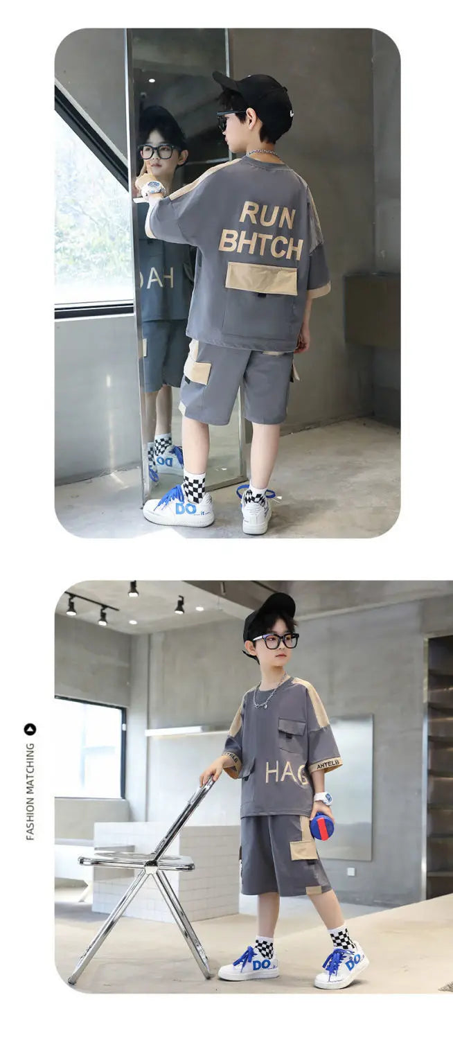 Summer Teenage Boy Short Sleeve Clothes Set Children Letter Print Top and Bottom 2 Pieces Suit Kid T-shirts Shorts Tracksuit