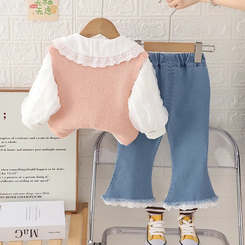 2024 Spring Autumn Toddler Girls 3PCS Clothes Set Cotton Lace Bubble Sleeve Shirts Knitted Flower Vest Flared Jeans Suit