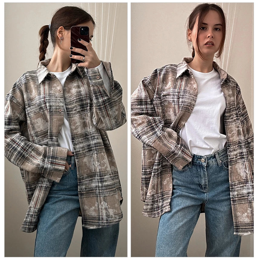 Mnealways18 Street Oversize Vintage Gingham Blouses Women Long Sleeve Classic Shirts Casual Pocket Ladies Plaid Tops Spring 2024