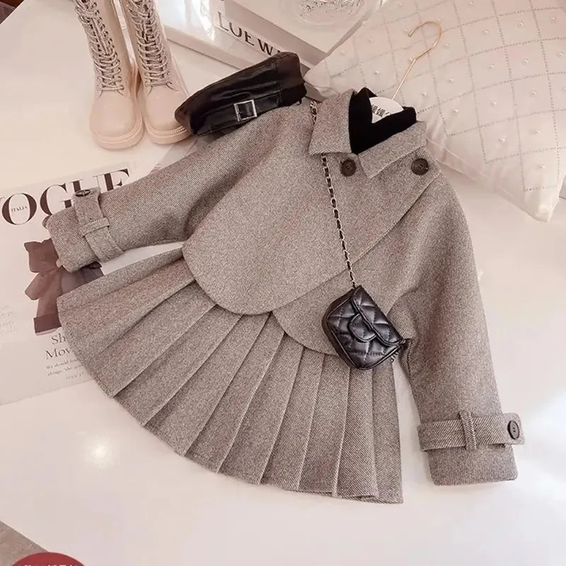 Fashion Kids Girls Princess 2pcs Clothes Set Autumn Winter Children Coat Outwear+Skirts Vintage Girls Outfits Suit 2 3 4 5 6 7Y