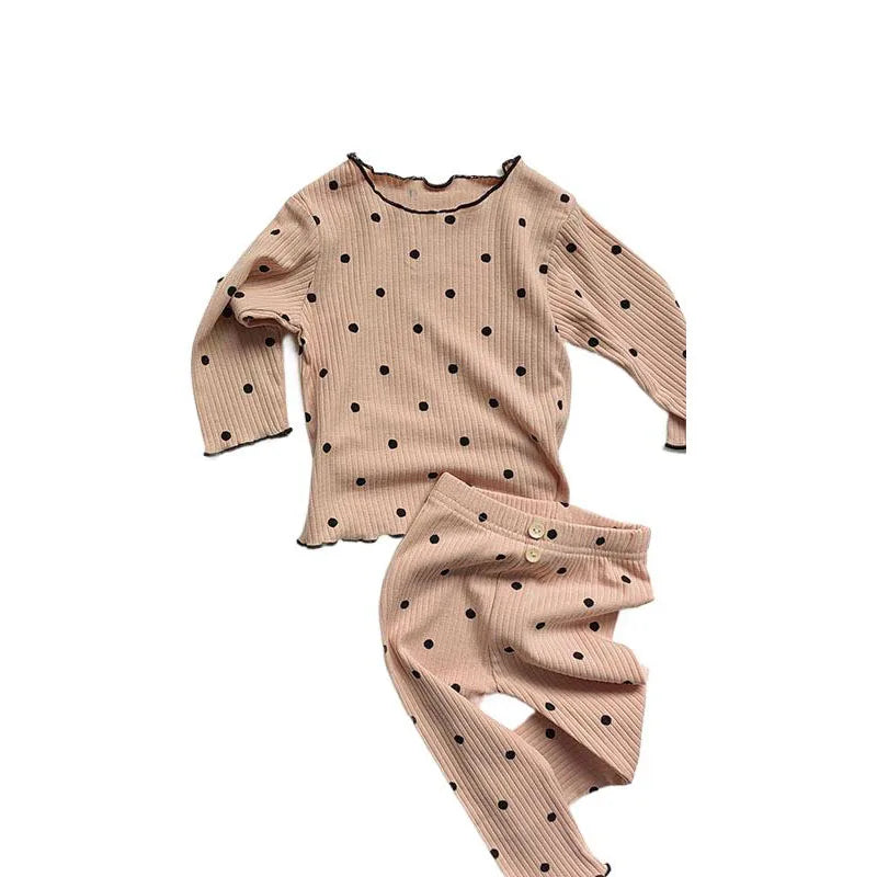 2024 Spring Autumn Baby Girl Loungewear Cotton Printed Dot Love Border Button Pants Suit Pullover Stretch Shirt Infant Sleepwear